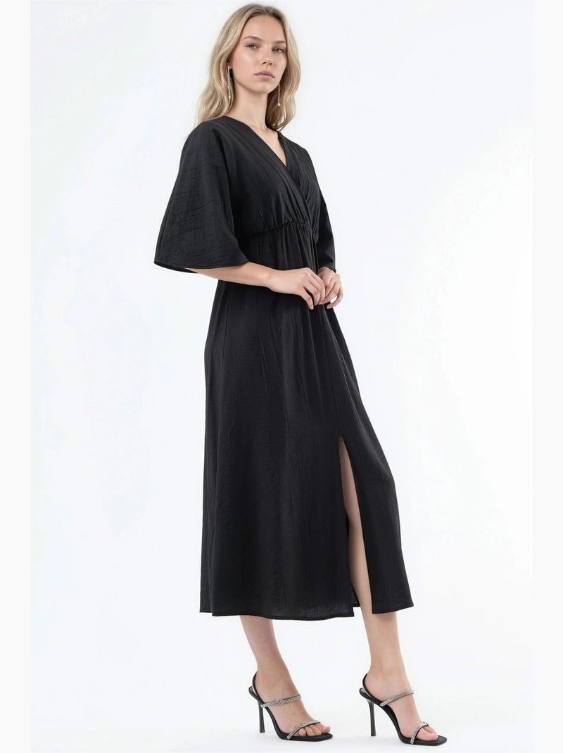 Robe midi portefeuille à col v et manches trois-quarts busem Noir - Kiabi
