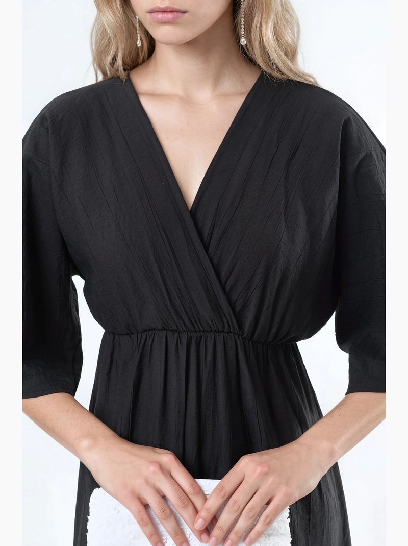 Robe midi portefeuille à col v et manches trois-quarts busem Noir - Kiabi