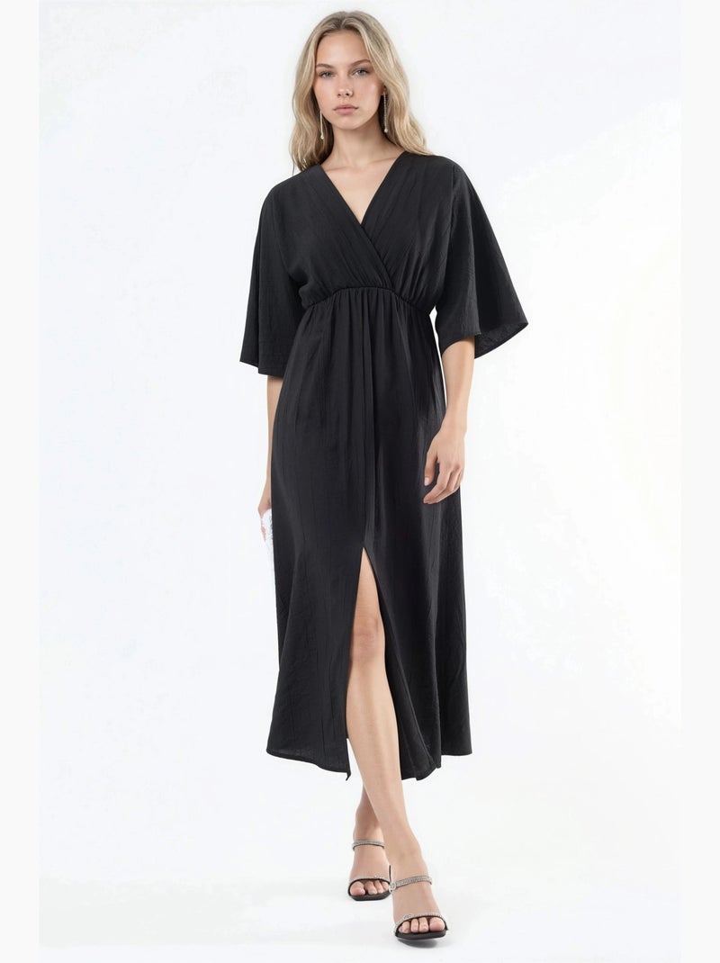 Robe midi portefeuille à col v et manches trois-quarts busem Noir - Kiabi