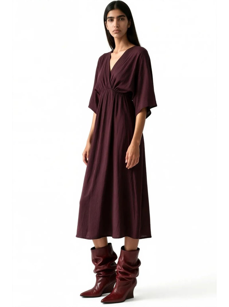 Robe midi portefeuille à col v et manches trois-quarts busem Rouge bordeaux - Kiabi