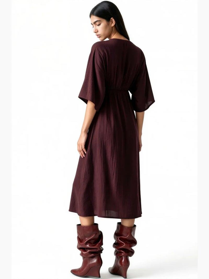 Robe midi portefeuille à col v et manches trois-quarts busem Rouge bordeaux - Kiabi