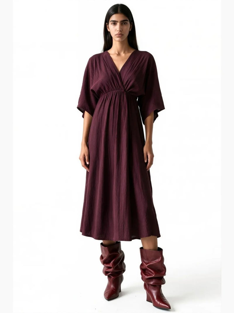 Robe midi portefeuille à col v et manches trois-quarts busem Rouge bordeaux - Kiabi