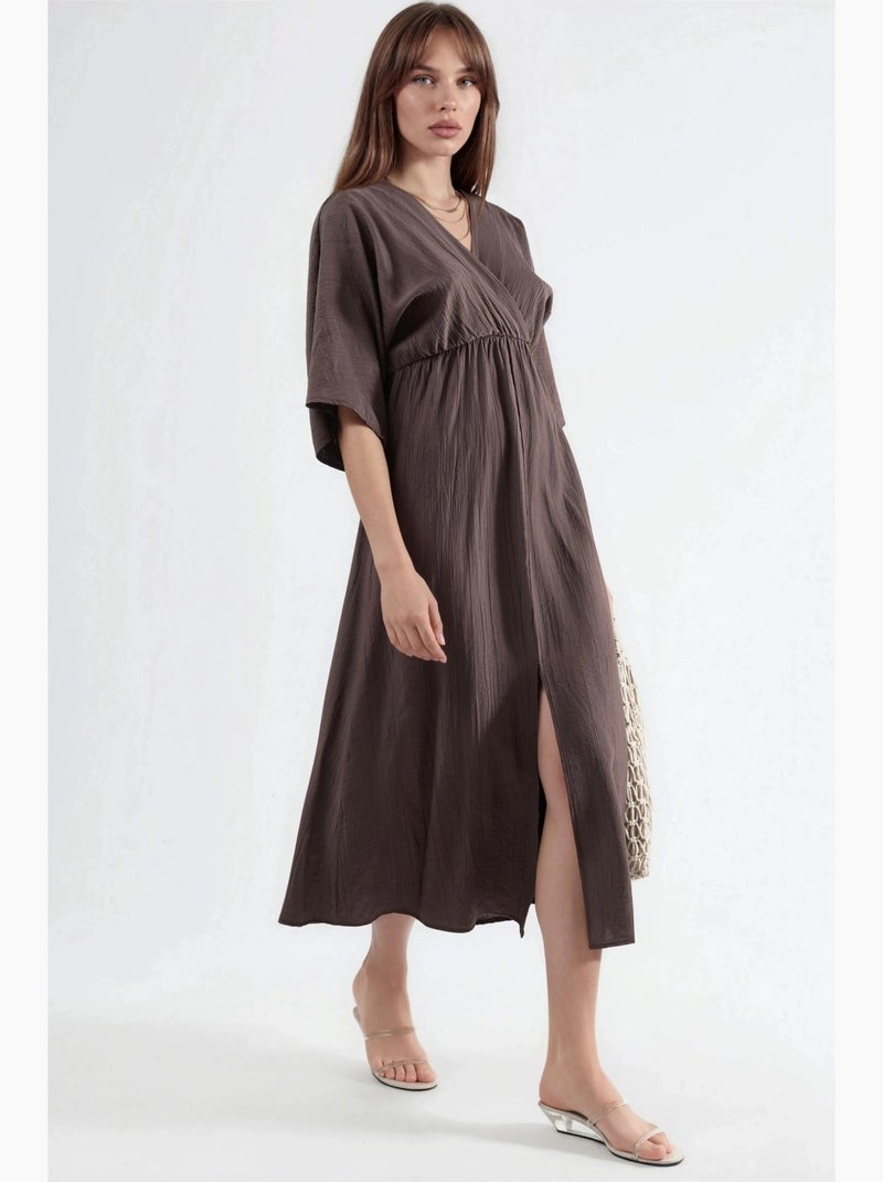 Robe midi portefeuille à col v et manches trois-quarts busem Taupe - Kiabi