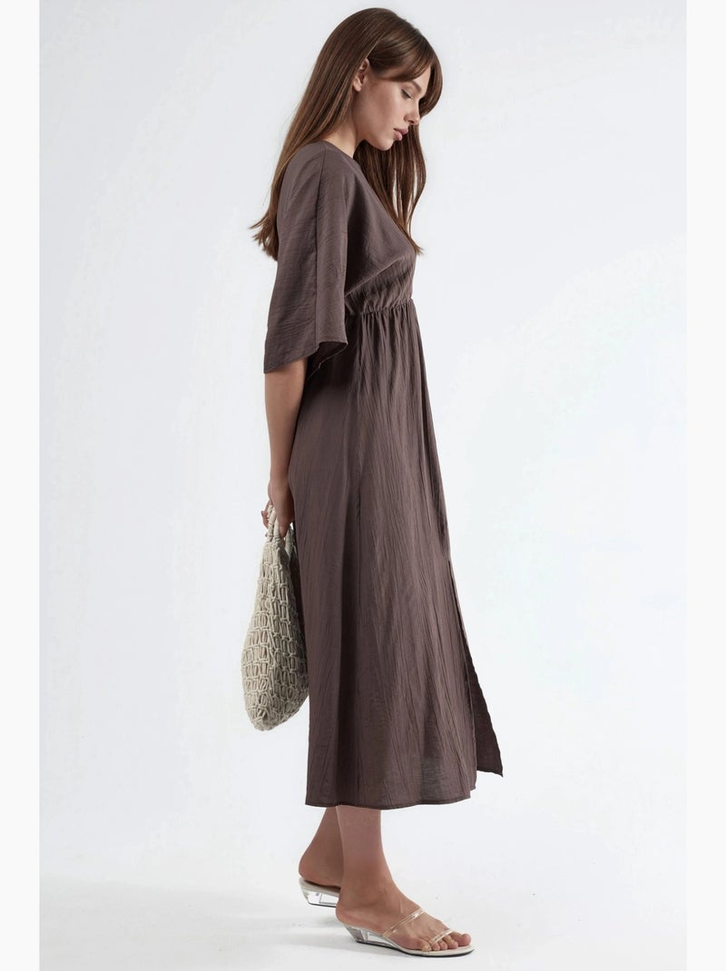 Robe midi portefeuille à col v et manches trois-quarts busem Taupe - Kiabi
