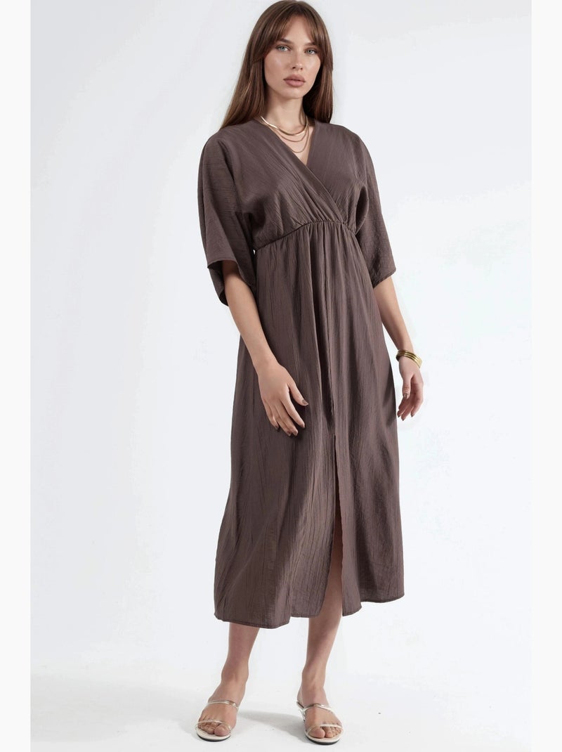 Robe midi portefeuille à col v et manches trois-quarts busem Taupe - Kiabi