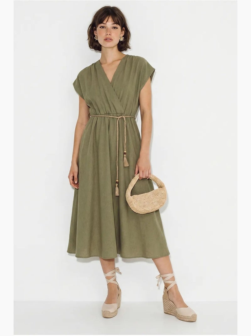 Robe midi portefeuille ceinturée lucci Kaki - Kiabi