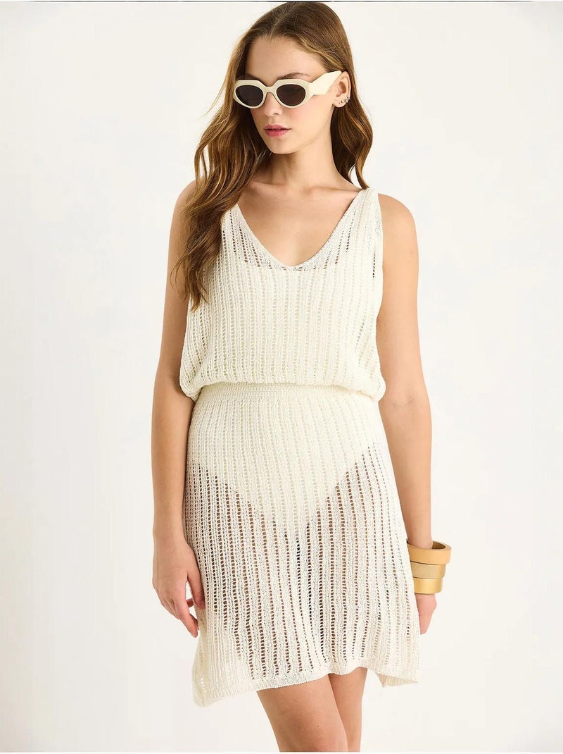 Robe midi sans manches en tricot texturé à col en v lucci Ivoire - Kiabi