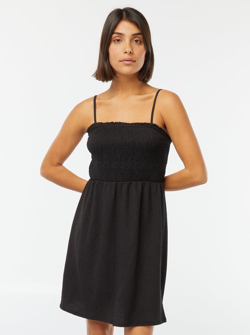 Robe midi smockée à bretelles noir - Kiabi