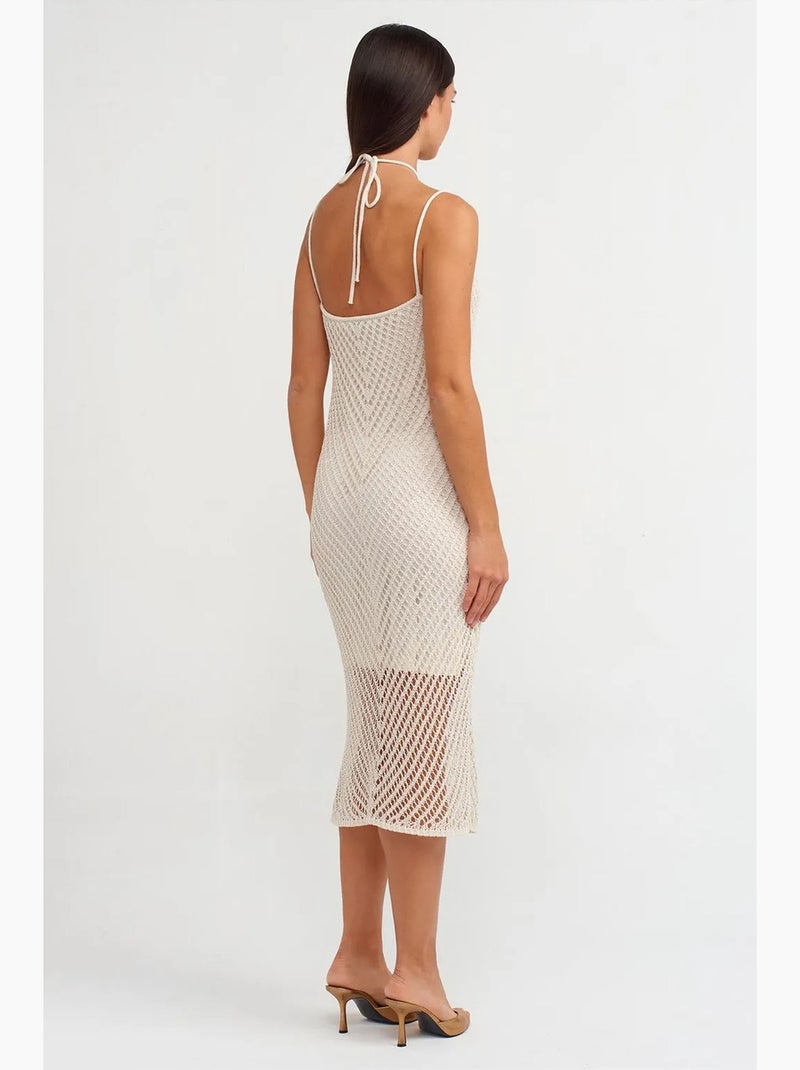 Robe midi texturée à col halter et découpe dilvin Crème - Kiabi