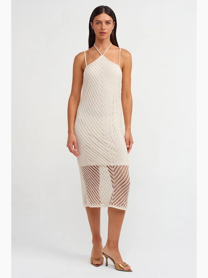 Robe midi texturée à col halter et découpe dilvin Crème - Kiabi