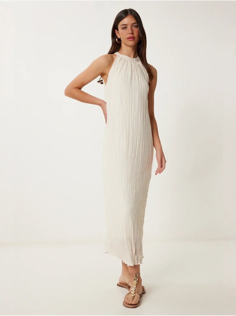 Robe midi texturée à col licou istanbul Crème - Kiabi