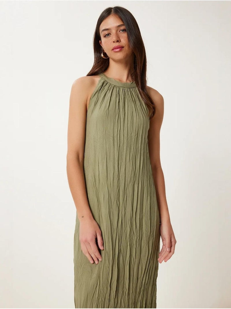 Robe midi texturée à col licou istanbul Kaki - Kiabi
