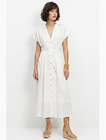 Robe midi trapèze à col v et boutons lucci