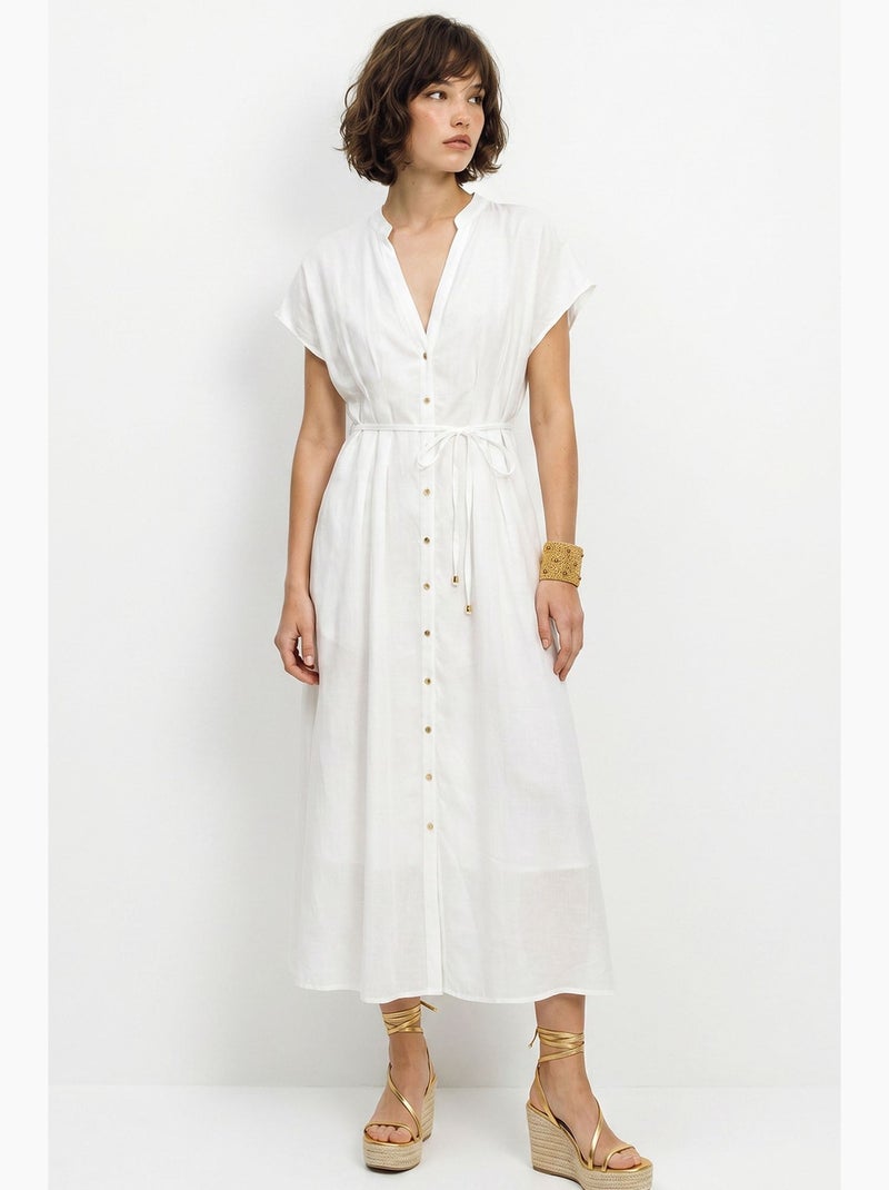 Robe midi trapèze à col v et boutons lucci Blanc - Kiabi