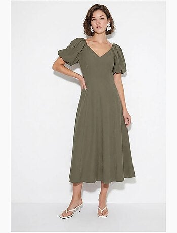 Robe midi trapèze à col v et fermeture éclair lucci