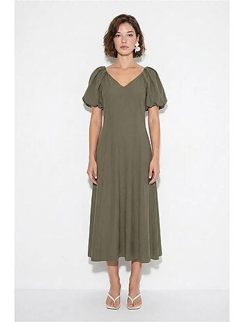 Robe midi trapèze à col v et fermeture éclair lucci