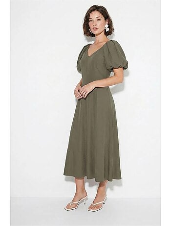 Robe midi trapèze à col v et fermeture éclair lucci