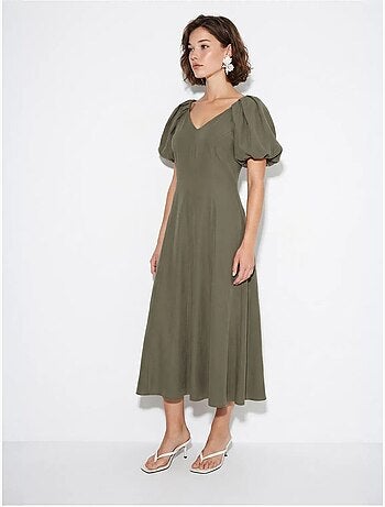 Robe midi trapèze à col v et fermeture éclair lucci