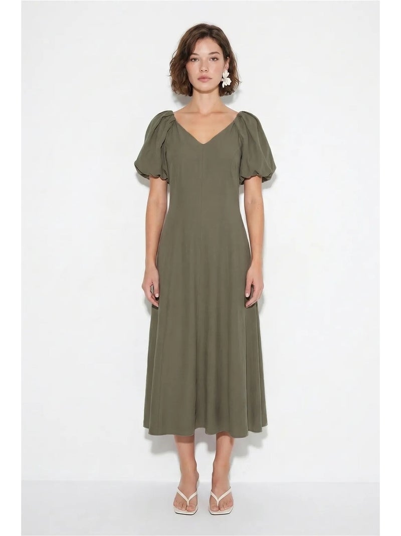 Robe midi trapèze à col v et fermeture éclair lucci Kaki - Kiabi