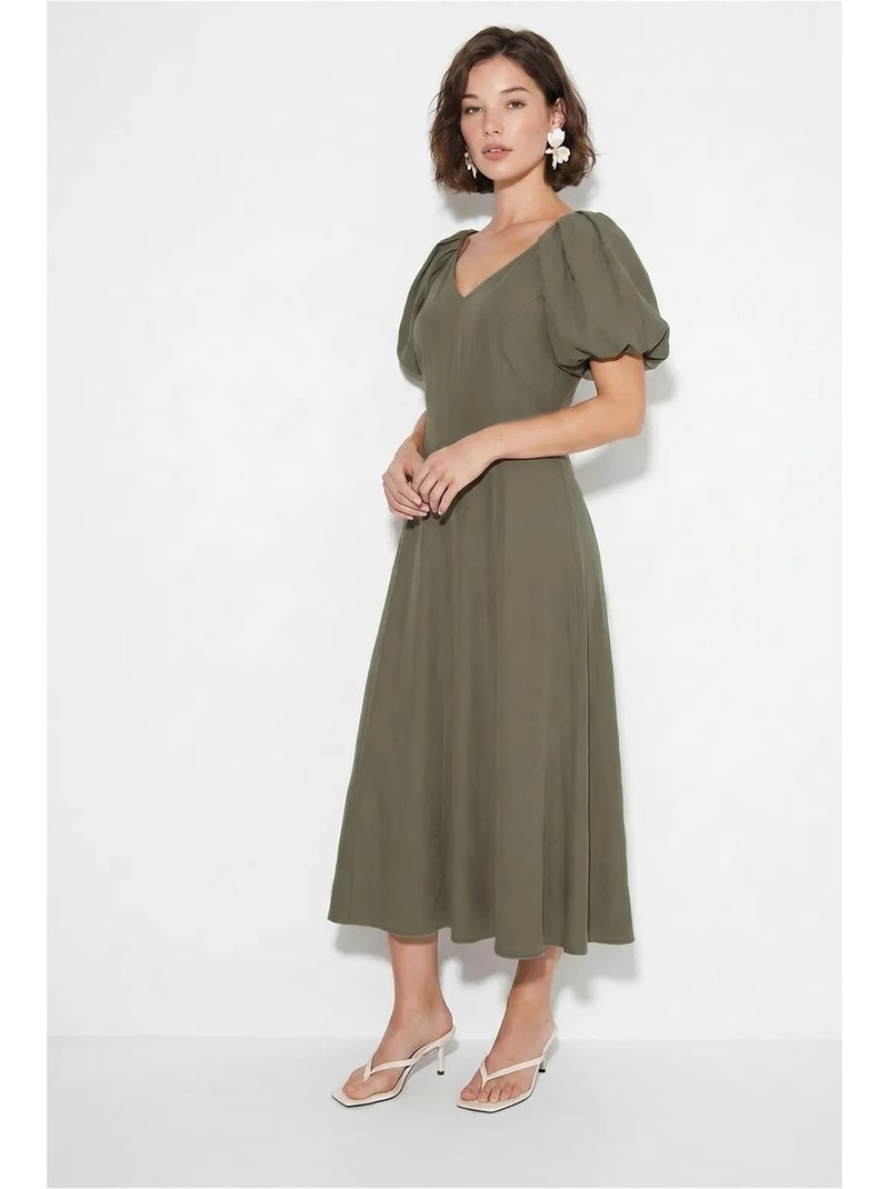 Robe midi trapèze à col v et fermeture éclair lucci Kaki - Kiabi