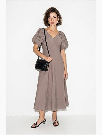 Robe midi trapèze à col v et fermeture éclair lucci