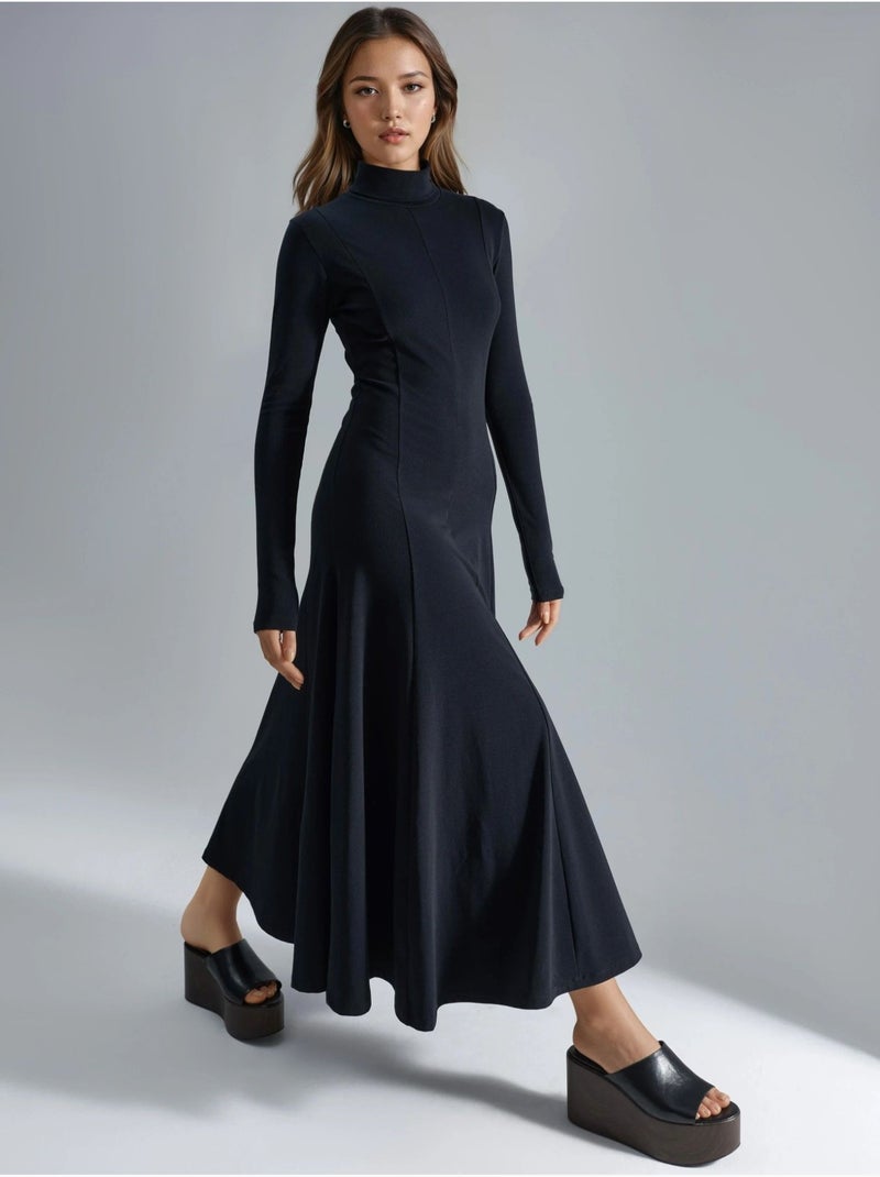 Robe midi trapèze à manches longues et col bateau busem Noir - Kiabi