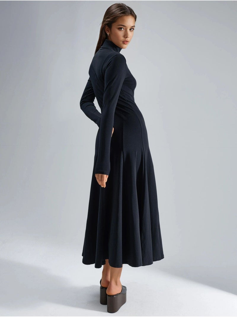 Robe midi trapèze à manches longues et col bateau busem Noir - Kiabi