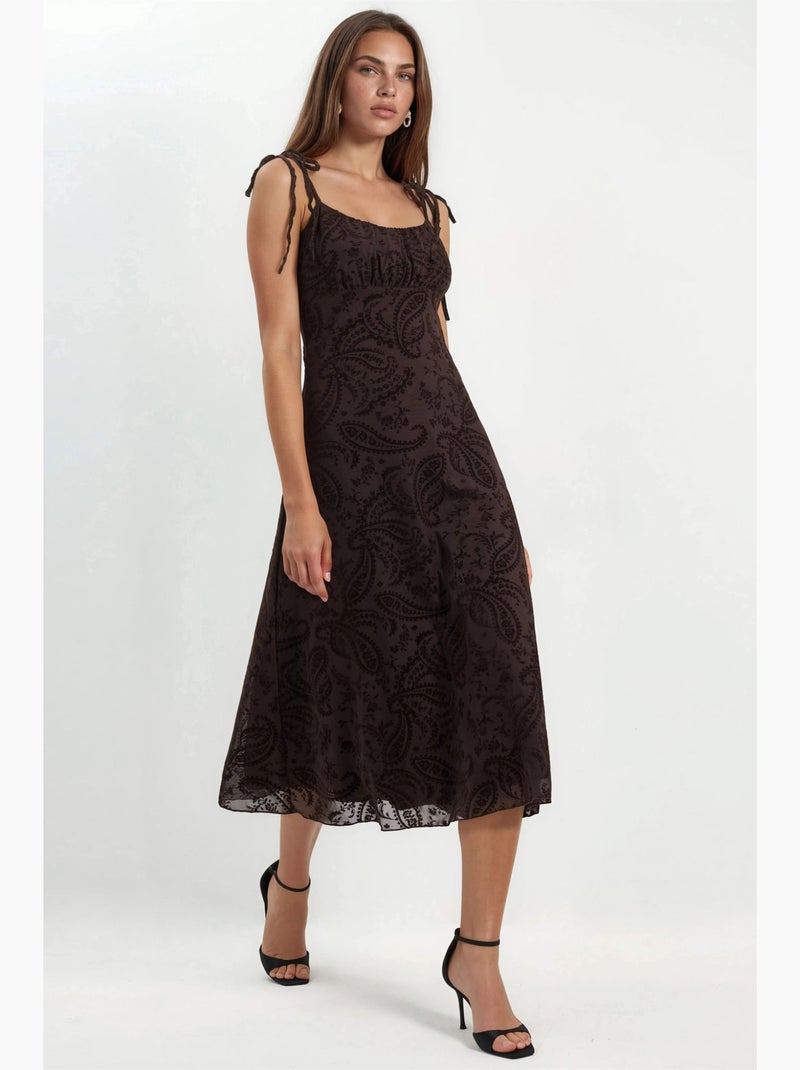 Robe midi trapèze à motifs et col en u hiccup Marron chocolat - Kiabi
