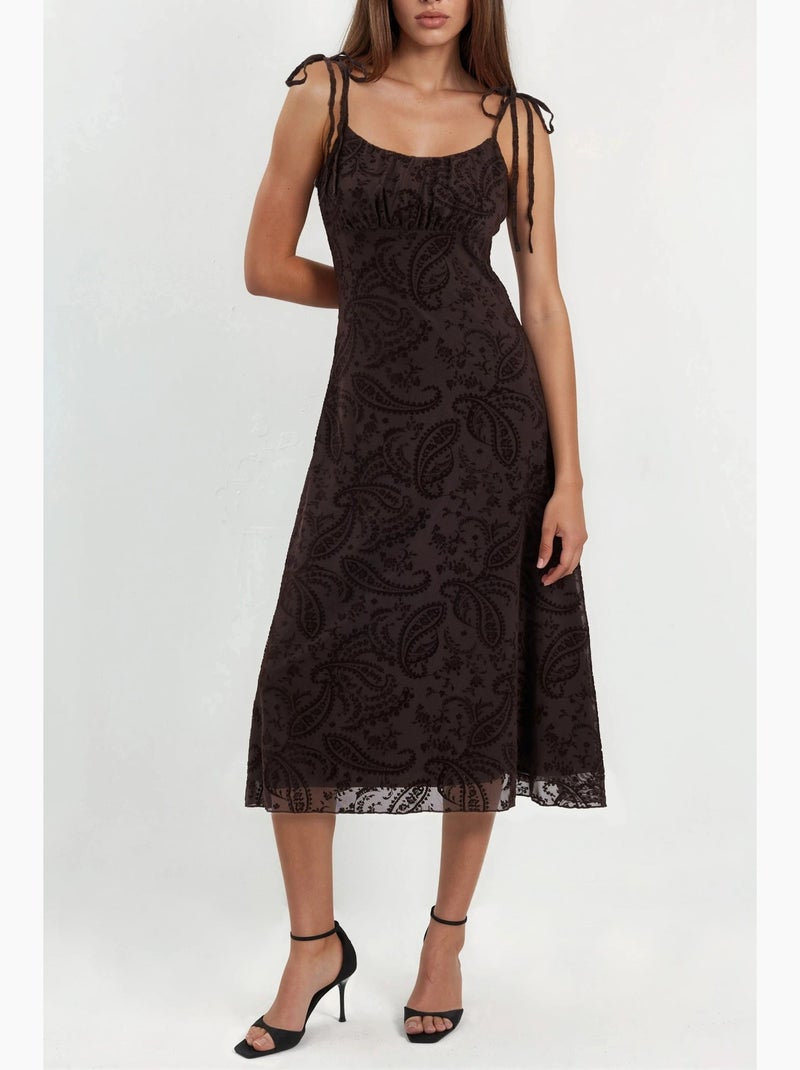 Robe midi trapèze à motifs et col en u hiccup Marron chocolat - Kiabi