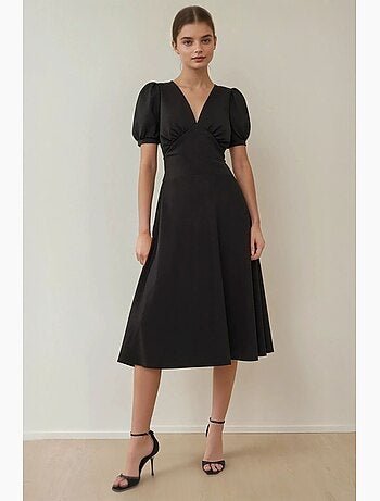 Robe midi trapèze en crêpe à col en v manches bouffantes hiccup