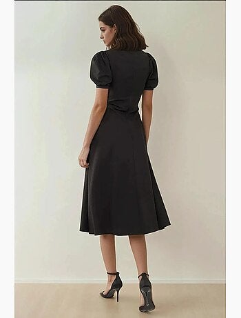 Robe midi trapèze en crêpe à col en v manches bouffantes hiccup
