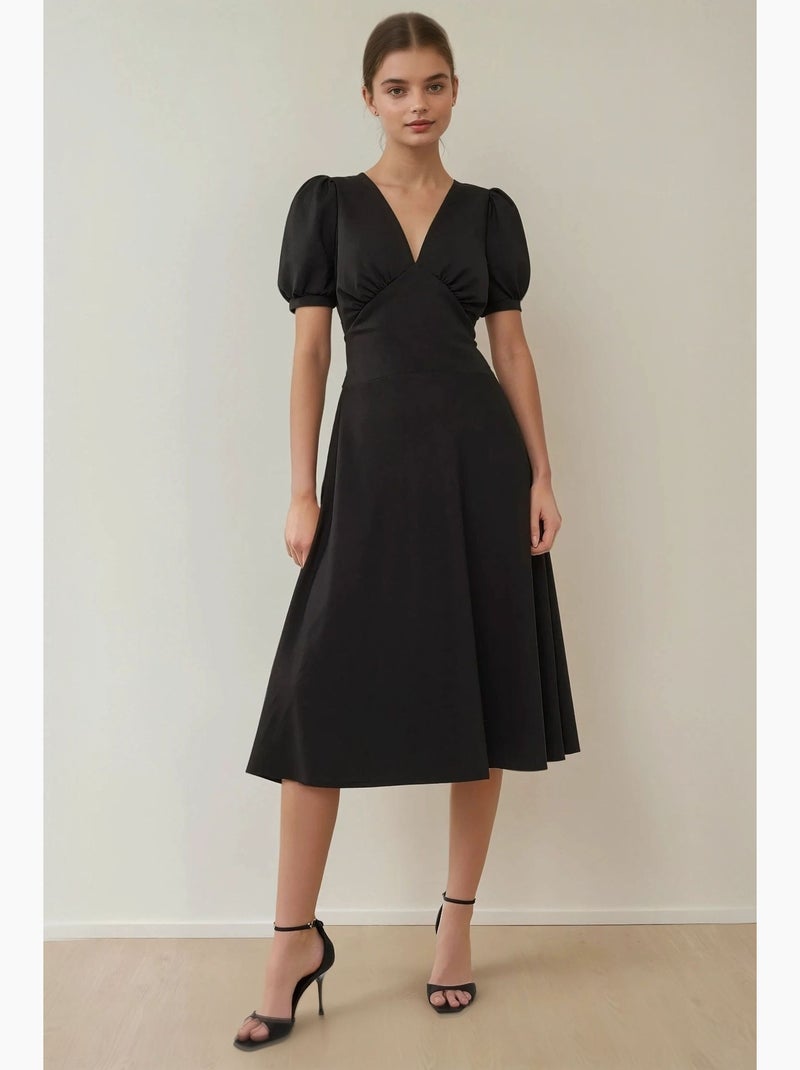 Robe midi trapèze en crêpe à col en v manches bouffantes hiccup Noir - Kiabi