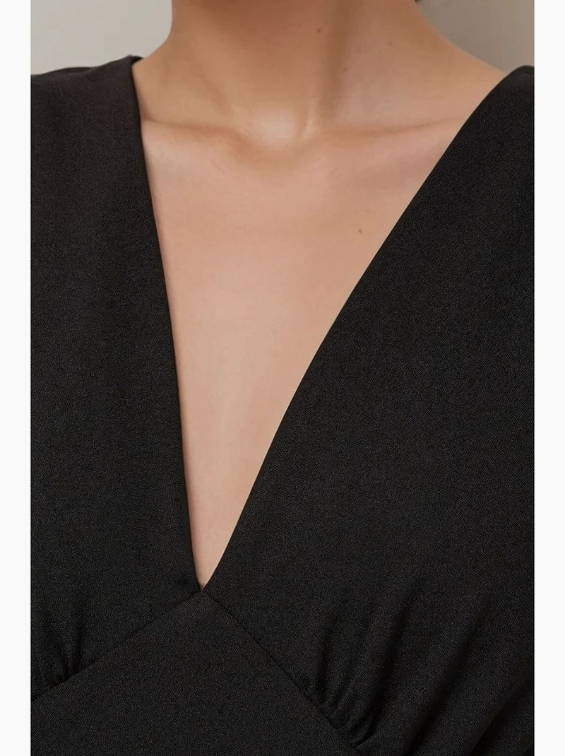 Robe midi trapèze en crêpe à col en v manches bouffantes hiccup Noir - Kiabi