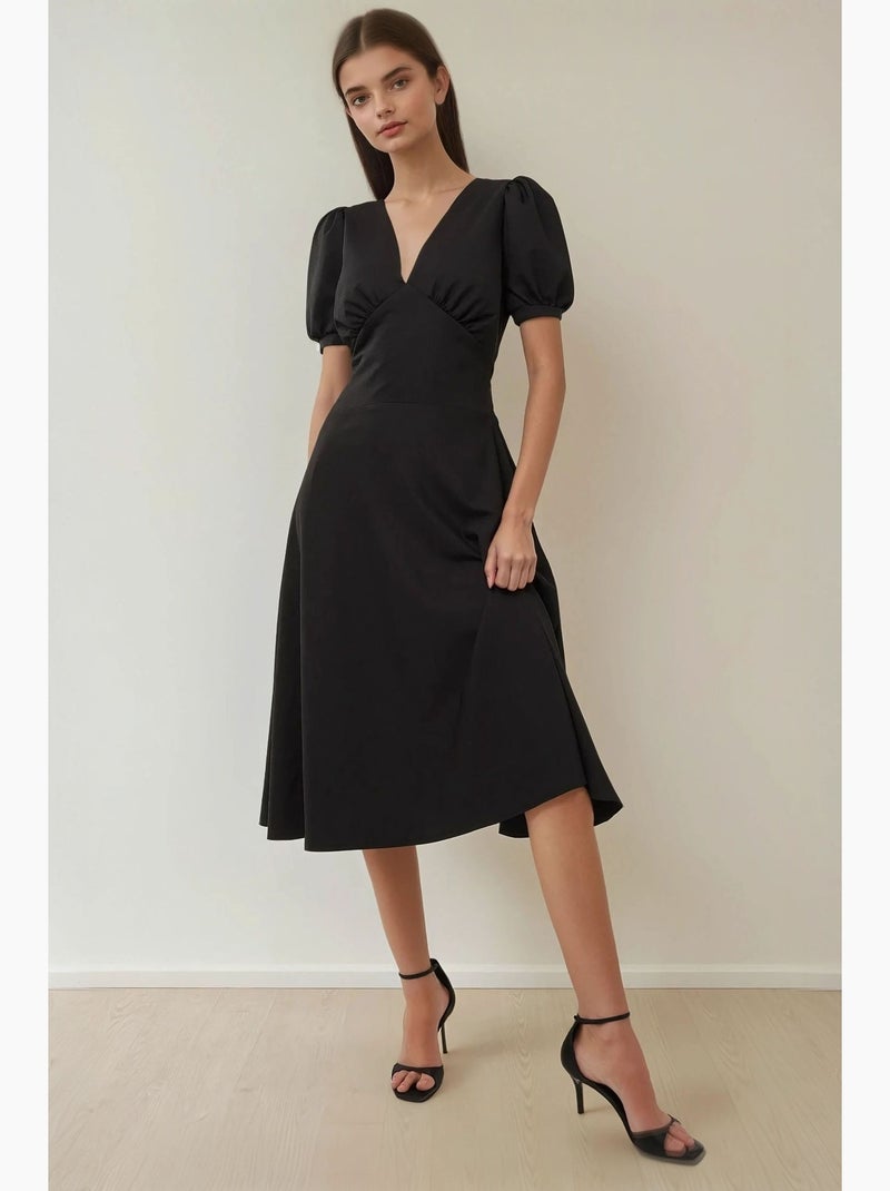 Robe midi trapèze en crêpe à col en v manches bouffantes hiccup Noir - Kiabi