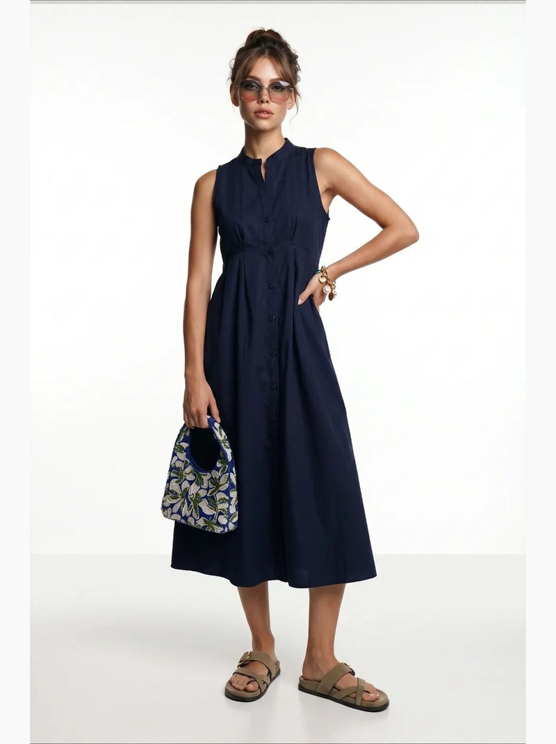 Robe midi trapèze sans manches à col mandarin istanbul Bleu marine - Kiabi