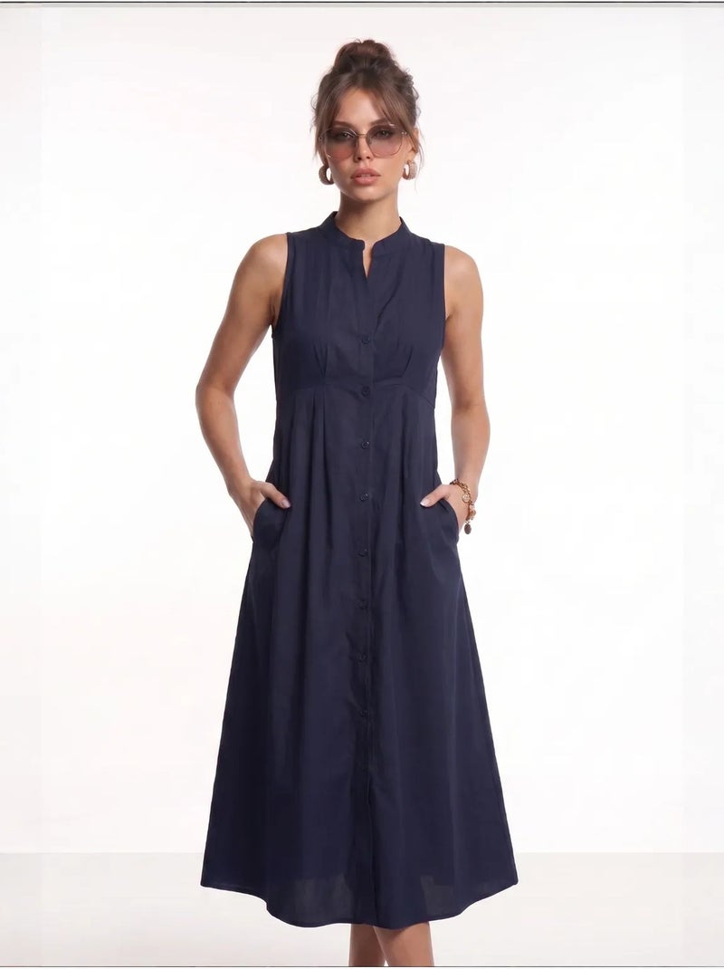 Robe midi trapèze sans manches à col mandarin istanbul Bleu marine - Kiabi
