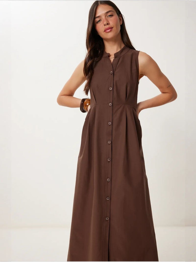 Robe midi trapèze sans manches à col mandarin istanbul Marron - Kiabi