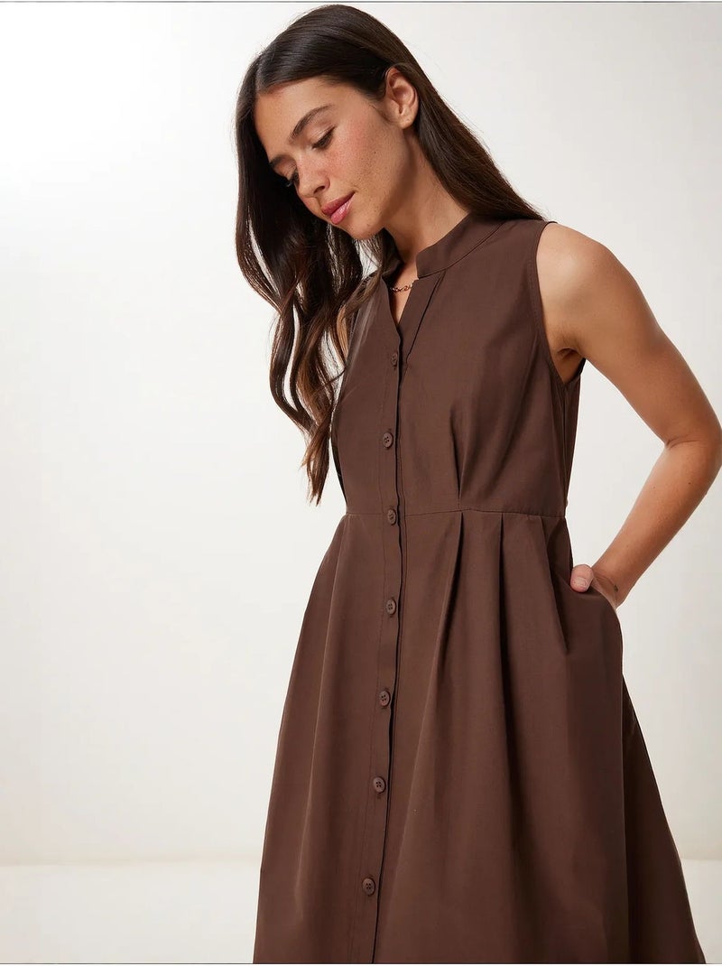 Robe midi trapèze sans manches à col mandarin istanbul Marron - Kiabi