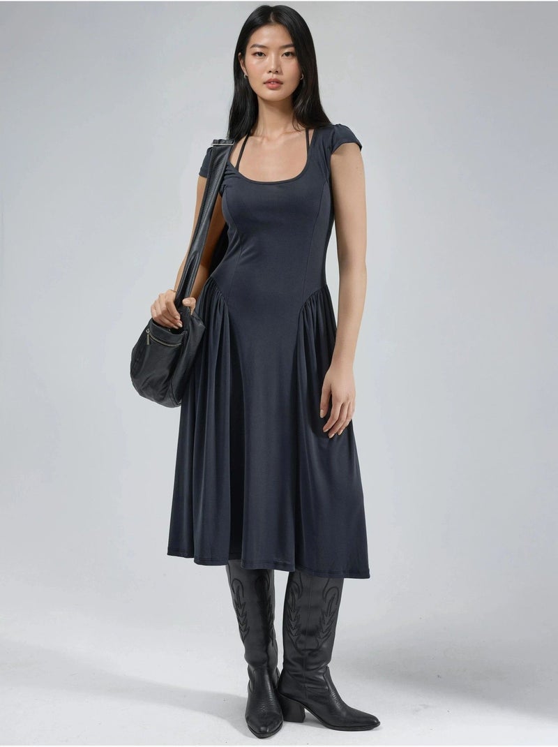 Robe midi unie à col en u et empiècements busem Gris foncé - Kiabi