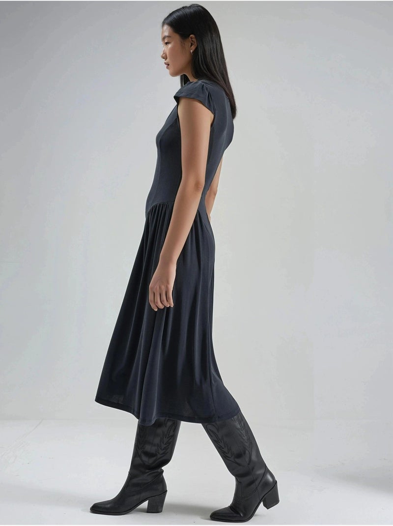 Robe midi unie à col en u et empiècements busem Gris foncé - Kiabi