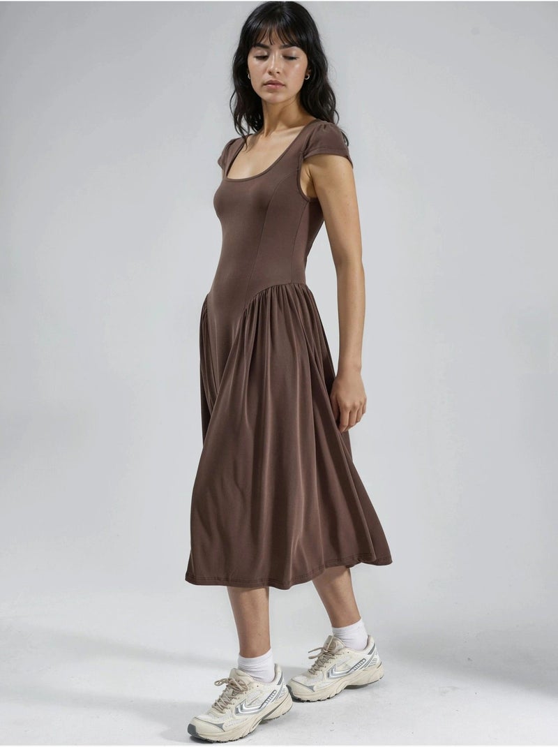 Robe midi unie à col en u et empiècements busem Marron clair - Kiabi