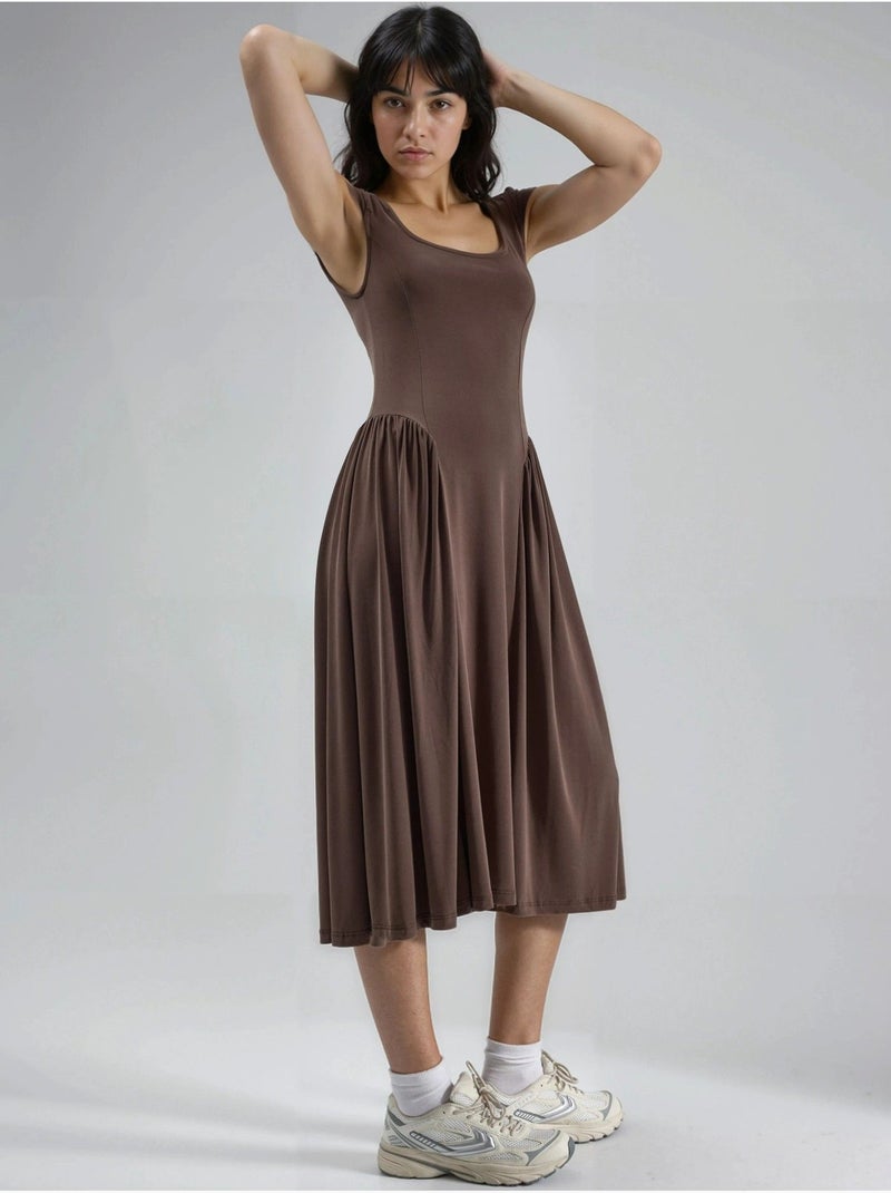 Robe midi unie à col en u et empiècements busem Marron clair - Kiabi