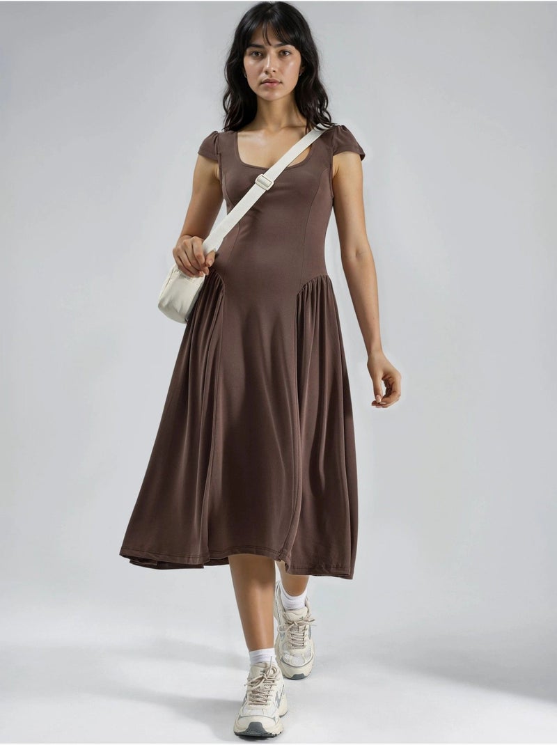 Robe midi unie à col en u et empiècements busem Marron clair - Kiabi