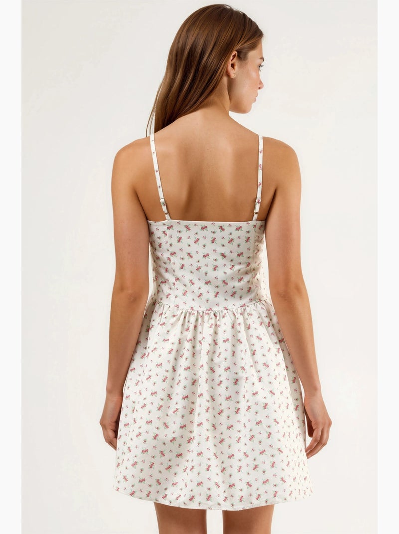 Robe mini fleurie à col u avec détail nœud busem Blanc cassé - Kiabi