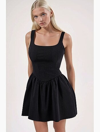 Robe mini trapèze à col carré et détails élastiques hiccup