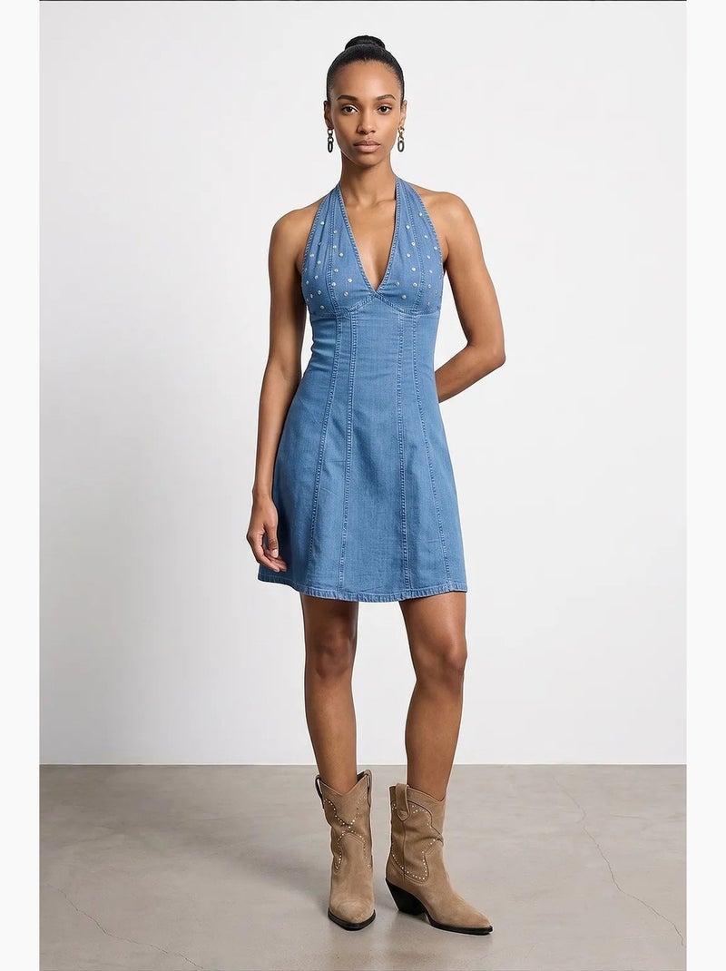 Robe mini trapèze à col halter dilvin Bleu saphir - Kiabi