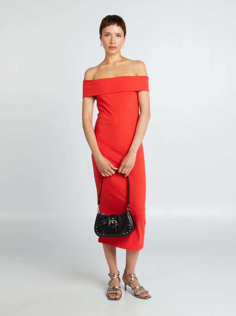Robe moulante en maille côtelée et col bardot rouge - Kiabi
