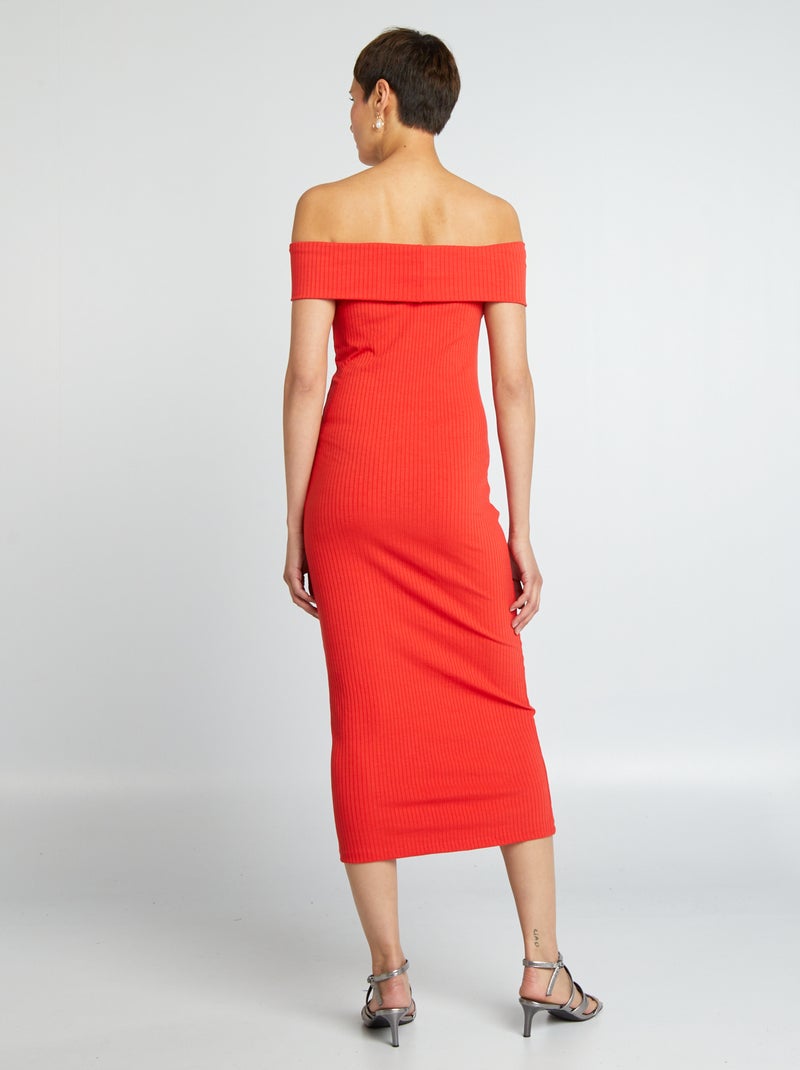 Robe moulante en maille côtelée et col bardot rouge - Kiabi