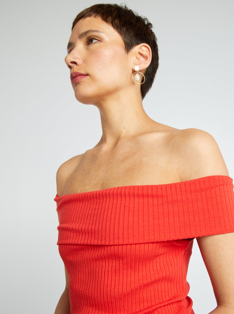 Robe moulante en maille côtelée et col bardot rouge - Kiabi