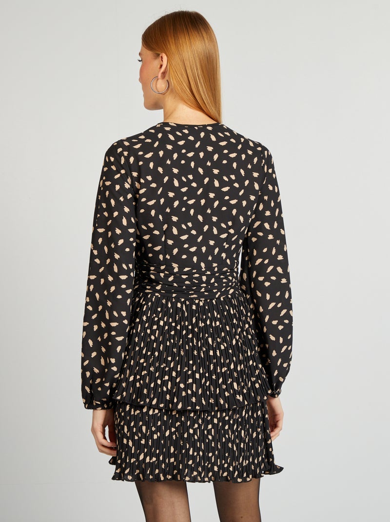VFSHOW Robe Fourreau Femme - Col V Plissé - Manches 3/4 - Taille Adjustable - Bureau/Soirée